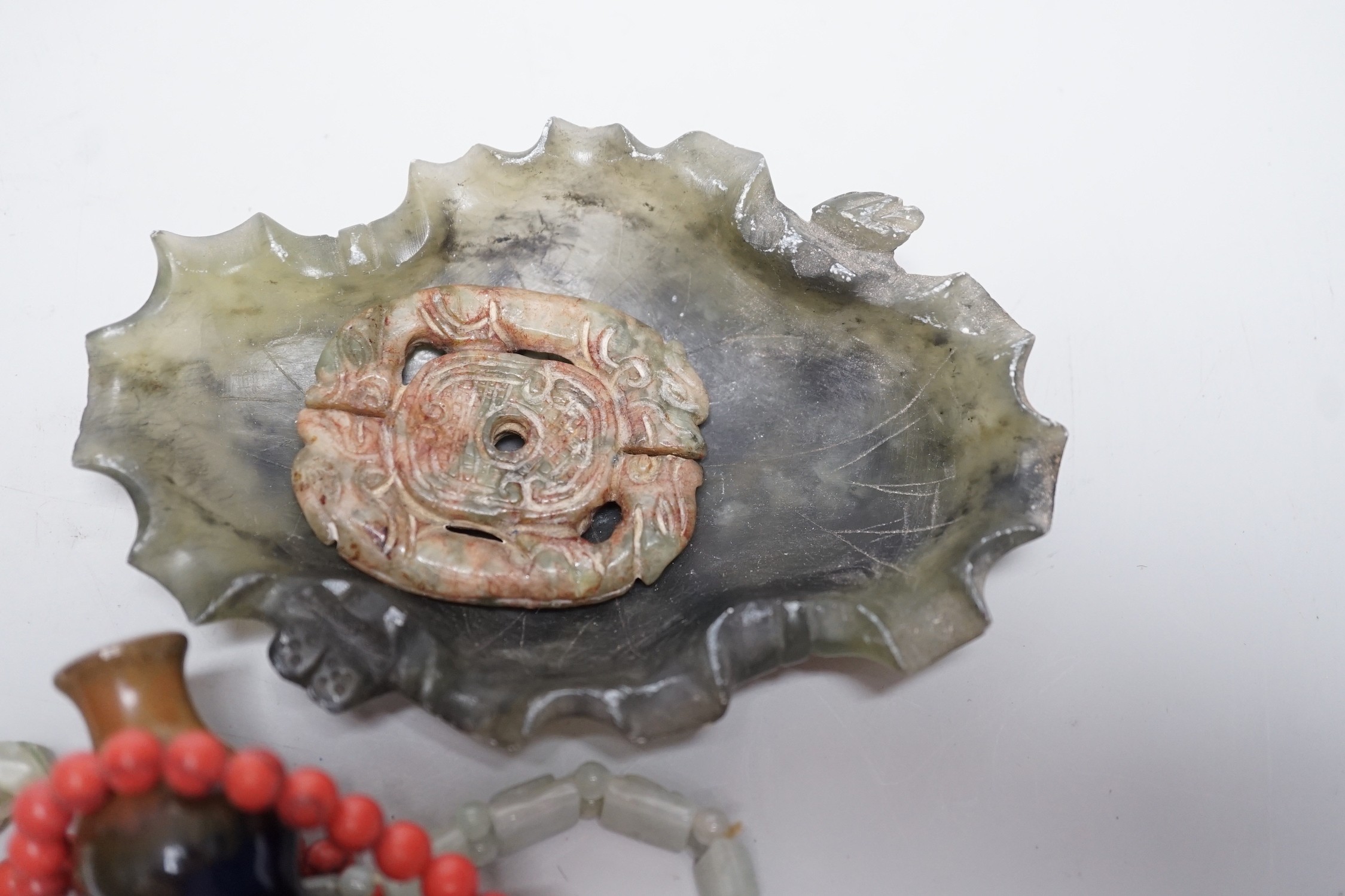 Assorted Chinese carvings, coral beads etc.